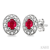 4x3 MM Oval Shaped Ruby and 1/10 ctw Single Cut Diamond Earrings in 14K White Gold