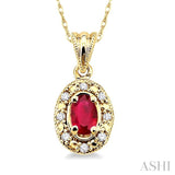 5x3 MM Oval Shape Ruby and 1/20 ctw Single Cut Diamond Pendant in 10K Yellow Gold with Chain