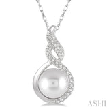 7 MM Round Shape Cultured Pearl and 1/20 ctw Round Cut Diamond Twisted Accented Pendant in 10K White Gold with chain