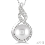 7 MM Round Shape Cultured Pearl and 1/20 ctw Round Cut Diamond Twisted Accented Pendant in 10K White Gold with chain