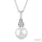 6 MM Round Shape Cultured Pearl and 1/50 ctw Round Cut Diamond Petite Fashion Pendant With Chain in 10K White Gold