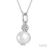 6 MM Round Shape Cultured Pearl and 1/50 ctw Round Cut Diamond Petite Fashion Pendant With Chain in 10K White Gold