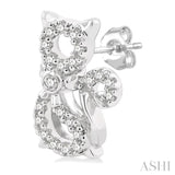 1/8 Ctw Petite Cat Motif Round Cut Diamond Fashion Stud Earring in 10K White Gold