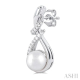 6 MM Round Shape Cultured Pearl and 1/6 ctw Swirl Top Round Cut Diamond Fashion Earring in 10K White Gold