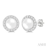 6 MM White Cultured Pearl and 1/4 Ctw Round Cut Diamond Halo Stud Earrings in 14K White Gold