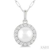 6 MM Cultured White Pearl and 1/6 Ctw Single Cut Diamond Halo Pendant With Chain in 14K White Gold