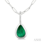 6x4 MM Bezel Set Pear Cut Emerald Precious Fashion Pendant With Paperclip Chain in 14K White Gold