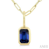 6x4 MM Bezel Set Emerald Cut Sapphire Precious Fashion Pendant With Paperclip Chain in 10K Yellow Gold