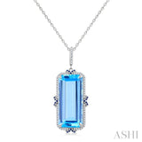 22X10 MM Evoque Gemstones Emerald Shape Blue Topaz and .80 MM Sapphire & 1/5 Ctw Round Diamond Halo Semi-Precious Pendant With Chain in 14K White Gold