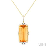 22x10 MM Emerald Cut Citrine and .80 MM Sapphire & 1/5 Ctw Round Cut Diamond Halo Precious & Semi-Precious Pendant With Chain in 14K Yellow Gold