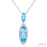 18X8 MM Evoque Gemstones & 10x5 MM Oval Shape Blue Topaz and 1/3 Ctw Round Cut Diamond Halo Semi-Precious Pendant With Chain in 14K White Gold