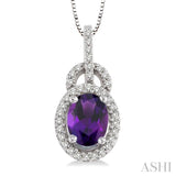 8x6mm Oval Cut Amethyst and 1/4 Ctw Round Cut Diamond Pendant in 14K White Gold with Chain
