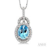8x6mm Oval Cut Aquamarine and 1/4 Ctw Round Cut Diamond Pendant in 14K White Gold with Chain