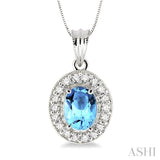8x6mm Oval Cut Blue Topaz and 1/3 Ctw Round Cut Diamond Pendant in 14K White Gold with Chain