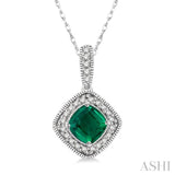 5x5 MM Cushion Cut Emerald and 1/5 Ctw Round Cut Diamond Pendant in 14K White Gold with Chain