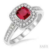 5x5 MM Cushion Cut Ruby and 1/4 Ctw Round Cut Diamond Ring in 14K White Gold