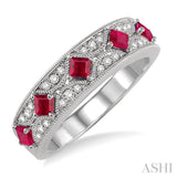 2.5 MM Princess Cut Ruby and 1/6 Ctw Round Cut Diamond Band in 14K White Gold