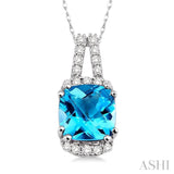 8x8mm Cushion Cut Blue Topaz and 1/5 Ctw Round Cut Diamond Pendant in 14K White Gold with Chain