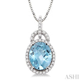 11x9mm Oval Cut Aquamarine and 1/3 Ctw Round Cut Diamond Pendant in 14K White Gold with Chain