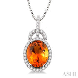 11x9mm Oval Cut Citrine and 1/3 Ctw Round Cut Diamond Pendant in 14K White Gold with Chain