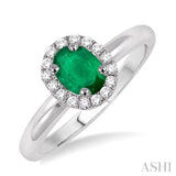 6x4 MM Oval Shape Emerald and 1/6 Ctw Round Cut Diamond Ring in 14K White Gold