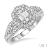 3/4 Ctw Curved Octagonal Center Mount Round Cut and Baguette Diamond Ring in 14K White Gold