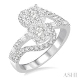 7/8 Ctw Curved Arm Twin Center Baguette and Round Diamond 2stone Lovebright Ring in 14K White Gold